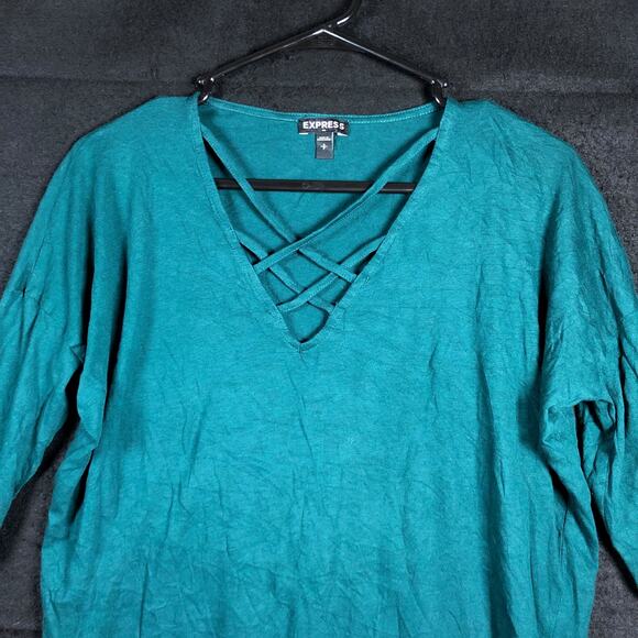 Express Womens Shirt Dark Teal 3/4 Sleeve Open Cross Chest Modal Blend Small - Picture 2 of 12